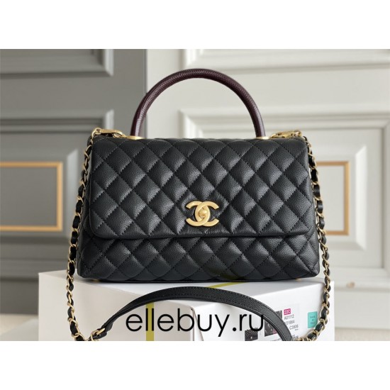 Chanel Classic Coco Handle, medium size 29cm flap bag, red lizard skin handle, black caviar leather, champagne gold hardware, Hass Factory leather, 29x18x12cm