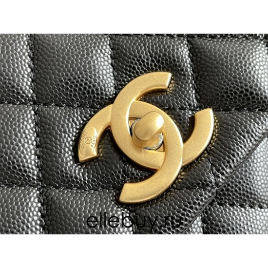 Chanel Classic Coco Handle, medium size 29cm flap bag, red lizard skin handle, black caviar leather, champagne gold hardware, Hass Factory leather, 29x18x12cm