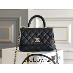 Chanel Classic Coco Handle Mini, 19cm flap bag, black lizard skin handle, black caviar leather, champagne gold hardware, without stitched edges, Hass Factory leather, 13x19x9cm