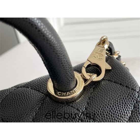 Chanel Classic Coco Handle Mini, 19cm flap bag, black lizard skin handle, black caviar leather, champagne gold hardware, without stitched edges, Hass Factory leather, 13x19x9cm