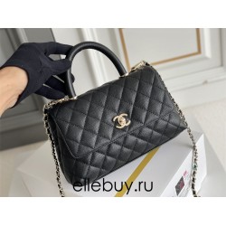 Chanel Classic Coco Handle Small 24cm with Black Lizard Skin Handle Flap Bag in Black, Champagne Gold Hardware, Seamless Stitching, Caviar Leather, Hass Factory Leather, Dimensions: 24x14x10cm.