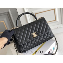 Chanel Classic Coco Handle Medium 29cm with Black Lizard Skin Handle Flap Bag in Black, Champagne Gold Hardware, Seamless Stitching, Caviar Leather, Hass Factory Leather, Dimensions: 29x18x12cm.