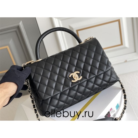 Chanel Classic Coco Handle Medium 29cm with Black Lizard Skin Handle Flap Bag in Black, Champagne Gold Hardware, Seamless Stitching, Caviar Leather, Hass Factory Leather, Dimensions: 29x18x12cm.