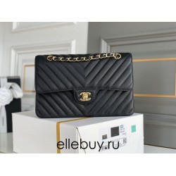 Chanel Classic Flap Bag in V-Pattern Black, Gold Hardware, Medium 25, Caviar Leather, Hass Factory Leather, Dimensions: 16x25x7cm.