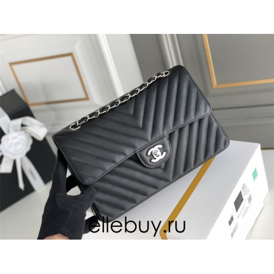 Chanel Classic Flap Bag in V-Pattern Black, Silver Hardware, Medium 25, Caviar Leather, Hass Factory Leather, Dimensions: 16x25x7cm.