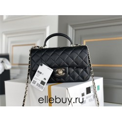 Chanel 21P Classic Flap Bag Mini 20 with Top Handle, Lambskin Leather in Black, Champagne Gold Hardware, Hass Factory Leather, Dimensions: 20x13x9cm.