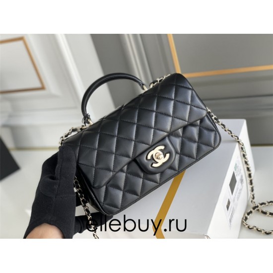 Chanel 21P Classic Flap Bag Mini 20 with Top Handle, Lambskin Leather in Black, Champagne Gold Hardware, Hass Factory Leather, Dimensions: 20x13x9cm.