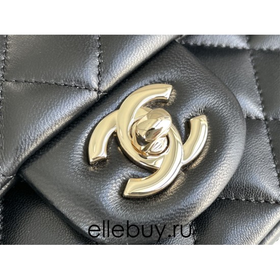 Chanel 21P Classic Flap Bag Mini 20 with Top Handle, Lambskin Leather in Black, Champagne Gold Hardware, Hass Factory Leather, Dimensions: 20x13x9cm.