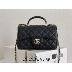 Chanel 21P Classic Flap Bag Mini 20 with Top Handle, Incas Calfskin with Sesame Pattern in Black, Gold Hardware, Hass Factory Leather, Dimensions: 20x13x9cm.