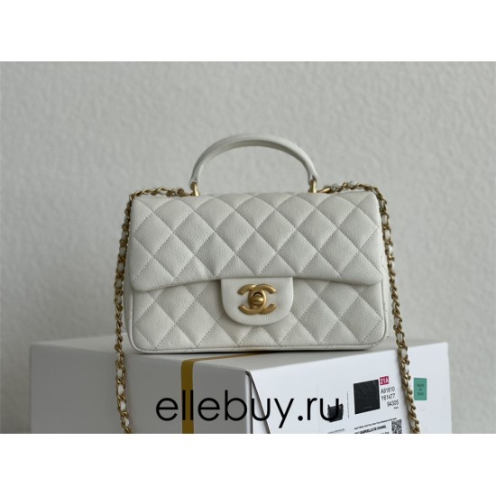 Chanel 21P Classic Flap Bag Mini 20 with Top Handle, Incas Calfskin with Sesame Pattern in White, Gold Hardware, Hass Factory Leather, Dimensions: 20x13x9cm.