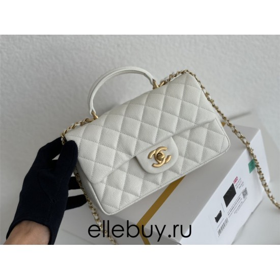 Chanel 21P Classic Flap Bag Mini 20 with Top Handle, Incas Calfskin with Sesame Pattern in White, Gold Hardware, Hass Factory Leather, Dimensions: 20x13x9cm.