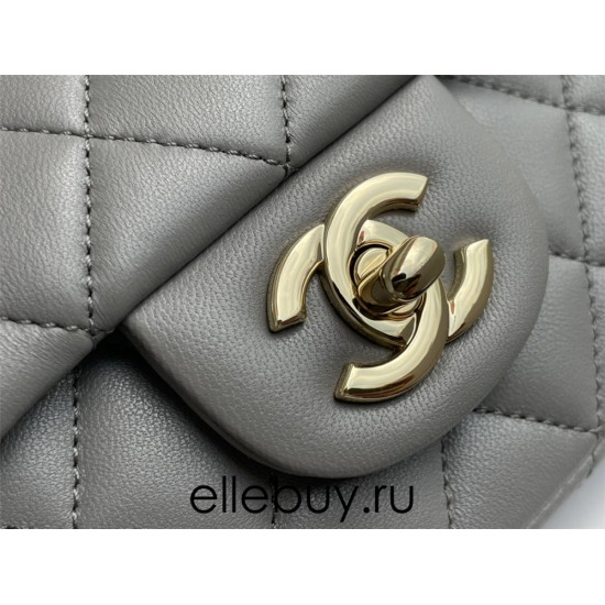 Chanel 22A Classic Flap Bag Mini 20 with Top Handle, Lambskin Leather in Gray, Champagne Gold Hardware, Hass Factory Leather, Dimensions: 20x12x9cm.