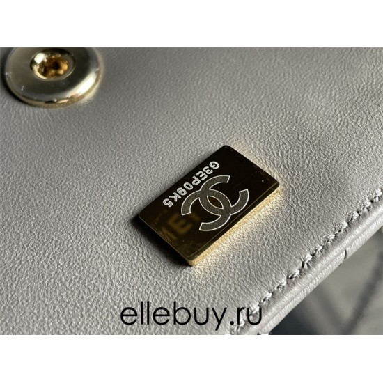 Chanel 22A Classic Flap Bag Mini 20 with Top Handle, Lambskin Leather in Gray, Champagne Gold Hardware, Hass Factory Leather, Dimensions: 20x12x9cm.