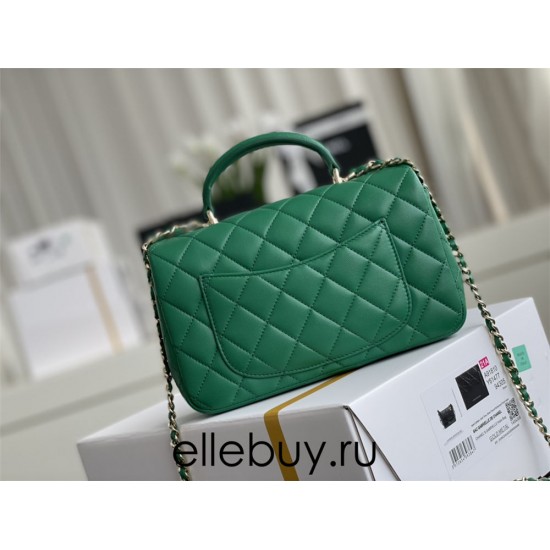 Chanel 22A Classic Flap Bag Mini 20 with Top Handle, Lambskin Leather in Green, Champagne Gold Hardware, Hass Factory Leather, Dimensions: 20x12x9cm.