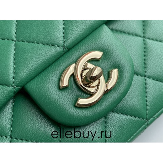 Chanel 22A Classic Flap Bag Mini 20 with Top Handle, Lambskin Leather in Green, Champagne Gold Hardware, Hass Factory Leather, Dimensions: 20x12x9cm.