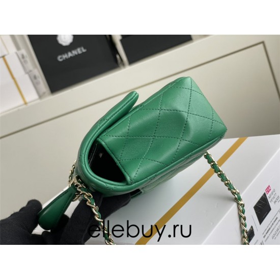 Chanel 22A Classic Flap Bag Mini 20 with Top Handle, Lambskin Leather in Green, Champagne Gold Hardware, Hass Factory Leather, Dimensions: 20x12x9cm.