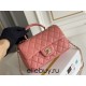 Chanel 22A Classic Flap Bag Mini 20 with Top Handle, Lambskin Leather in Pink, Champagne Gold Hardware, Hass Factory Leather, Dimensions: 20x12x9cm.