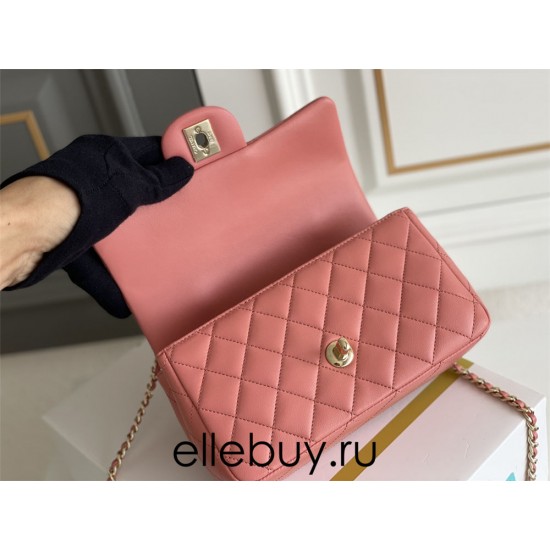 Chanel 22A Classic Flap Bag Mini 20 with Top Handle, Lambskin Leather in Pink, Champagne Gold Hardware, Hass Factory Leather, Dimensions: 20x12x9cm.