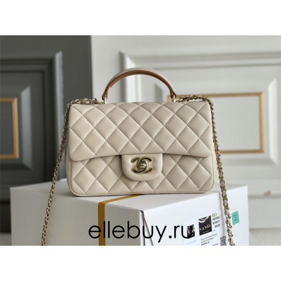 Chanel 23P Classic Flap Bag Mini 20 with Top Handle, Lambskin Leather in Light Apricot, Champagne Gold Hardware, Hass Factory Leather, Dimensions: 20x12x9cm.