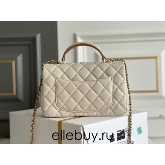 Chanel 23P Classic Flap Bag Mini 20 with Top Handle, Lambskin Leather in Light Apricot, Champagne Gold Hardware, Hass Factory Leather, Dimensions: 20x12x9cm.