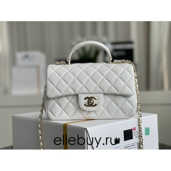 Chanel 22A Classic Flap Bag Mini 20 with Top Handle, Lambskin Leather in White, Champagne Gold Hardware, Hass Factory Leather, Dimensions: 20x12x9cm.