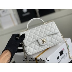 Chanel 22A Classic Flap Bag Mini 20 with Top Handle, Lambskin Leather in White, Champagne Gold Hardware, Hass Factory Leather, Dimensions: 20x12x9cm.