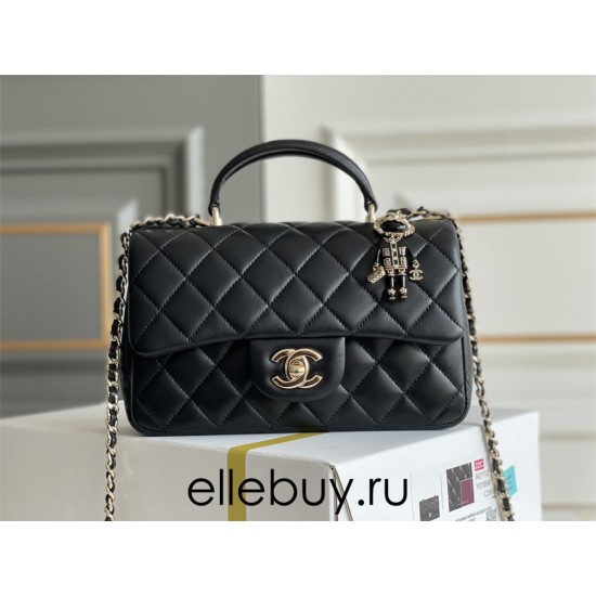 Chanel 22P Classic Flap Bag Mini 20 with Top Handle, Lambskin Leather in Black, Champagne Gold Hardware, Hass Factory Leather, Dimensions: 20x12x9cm.