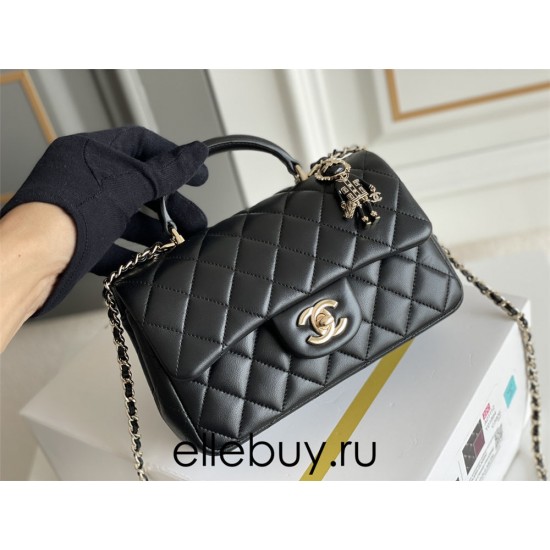 Chanel 22P Classic Flap Bag Mini 20 with Top Handle, Lambskin Leather in Black, Champagne Gold Hardware, Hass Factory Leather, Dimensions: 20x12x9cm.