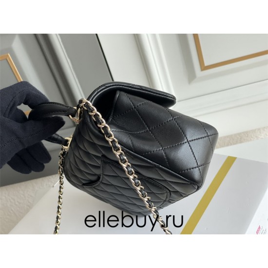 Chanel 22P Classic Flap Bag Mini 20 with Top Handle, Lambskin Leather in Black, Champagne Gold Hardware, Hass Factory Leather, Dimensions: 20x12x9cm.