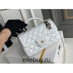 Chanel 22P Classic Flap Bag Mini 20 with Top Handle, Lambskin Leather in White, Champagne Gold Hardware, Hass Factory Leather, Dimensions: 20x12x9cm.