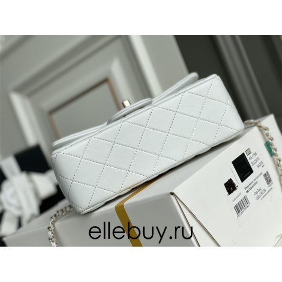 Chanel 22P Classic Flap Bag Mini 20 with Top Handle, Lambskin Leather in White, Champagne Gold Hardware, Hass Factory Leather, Dimensions: 20x12x9cm.