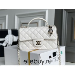 Chanel 22P Classic Flap Bag Mini 20 with Top Handle, Calfskin Leather in White, Champagne Gold Hardware, Hass Factory Leather, Dimensions: 20x12x9cm.