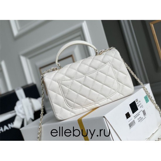 Chanel 22P Classic Flap Bag Mini 20 with Top Handle, Calfskin Leather in White, Champagne Gold Hardware, Hass Factory Leather, Dimensions: 20x12x9cm.