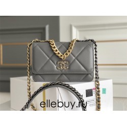 Chanel 19 WOC (Wallet on Chain) in Lambskin Leather, Dark Gray, Gold Hardware, Hass Factory Leather, Dimensions: 20x18x9cm.