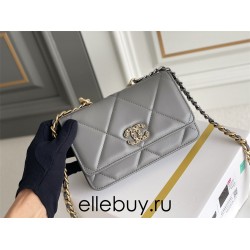 Chanel 19 WOC (Wallet on Chain) in Lambskin Leather, Dark Gray, Gold Hardware, Hass Factory Leather, Dimensions: 20x18x9cm.