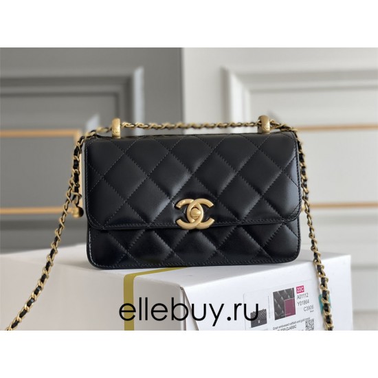 Chanel Classic Flap Bag with Double Gold Ball, Mini 19cm, Black, Gold Hardware, Lambskin Leather, Hass Factory Leather, Dimensions: 12x19x8cm.