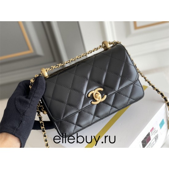 Chanel Classic Flap Bag with Double Gold Ball, Mini 19cm, Black, Gold Hardware, Lambskin Leather, Hass Factory Leather, Dimensions: 12x19x8cm.