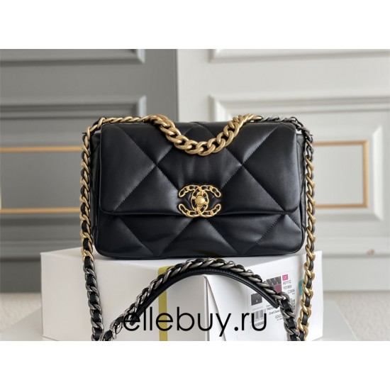 Chanel 2021-2022 Chanel 19 Bag, Small 26cm, Lambskin Leather, Black, Gold Hardware, Hass Factory Leather, Dimensions: 16x26x9cm.