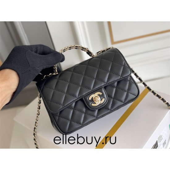 Chanel Classic Flap Bag with Top Handle, adorned with Rhinestones, Mini 18, Lambskin Leather, Hass Factory Leather, Dimensions: 13x18x7cm.