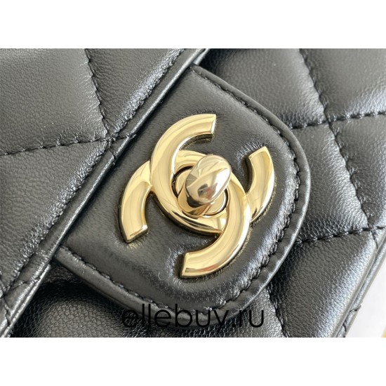 Chanel Classic Flap Bag with Top Handle, adorned with Rhinestones, Mini 18, Lambskin Leather, Hass Factory Leather, Dimensions: 13x18x7cm.