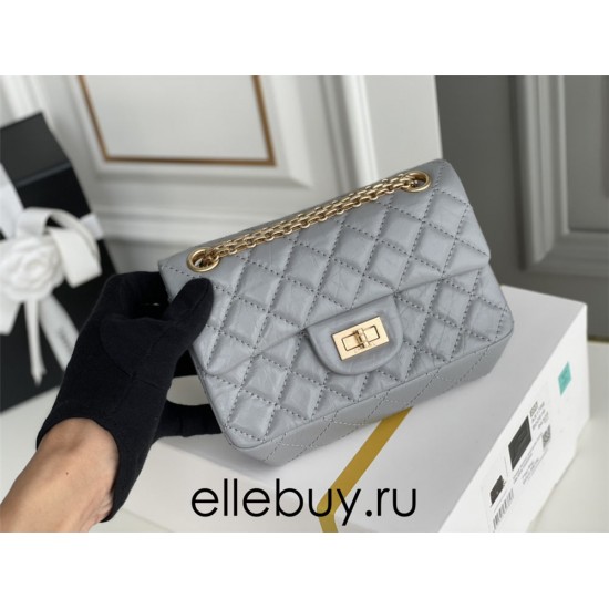 Chanel Classic Flap Bag in 2.55 Puffy Calfskin, Gray with Gold Hardware, Small 20cm.