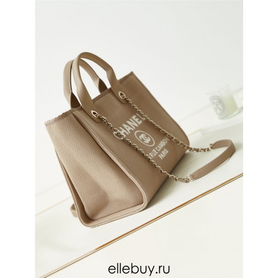 Chanel Beach Bag in Camel Color with White Letters, 33cm.