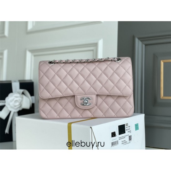 Chanel Classic Flap Bag in Pink with Silver Hardware, Lambskin Leather, Medium 25x16x7cm.