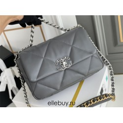 Chanel 19 Bag 22S in Gray with Silver Hardware, Small 26, Lambskin Leather, Hass Factory Leather, 26x16x9cm.