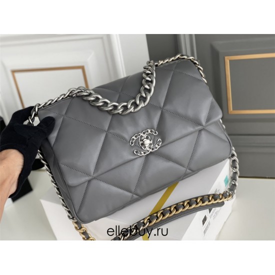 Chanel 19 Bag 22S in Gray with Silver Hardware, Medium 30, Lambskin Leather, Hass Factory Leather, 30x20x10cm.