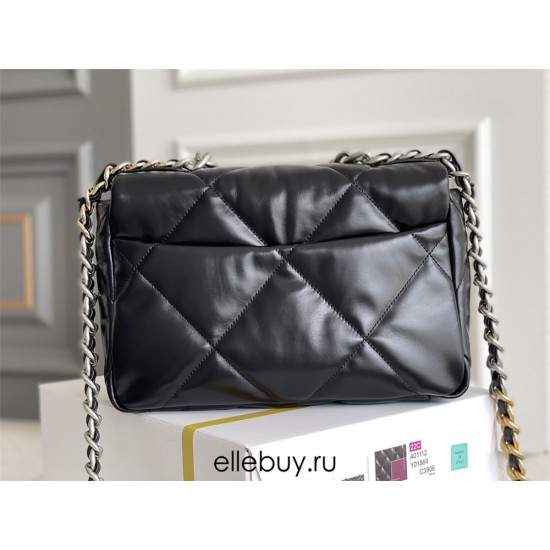 Chanel 19 Bag 22S in Black with Silver Hardware, Small 26, Lambskin Leather, Hass Factory Leather, 26x16x9cm.