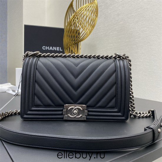 Chanel Le Boy Bag, Medium 25, Calfskin Leather, Vertical Quilted, Black with Silver Hardware, 25cm.