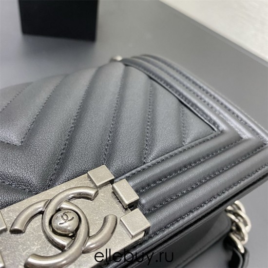 Chanel Le Boy Bag, Medium 25, Calfskin Leather, Vertical Quilted, Black with Silver Hardware, 25cm.