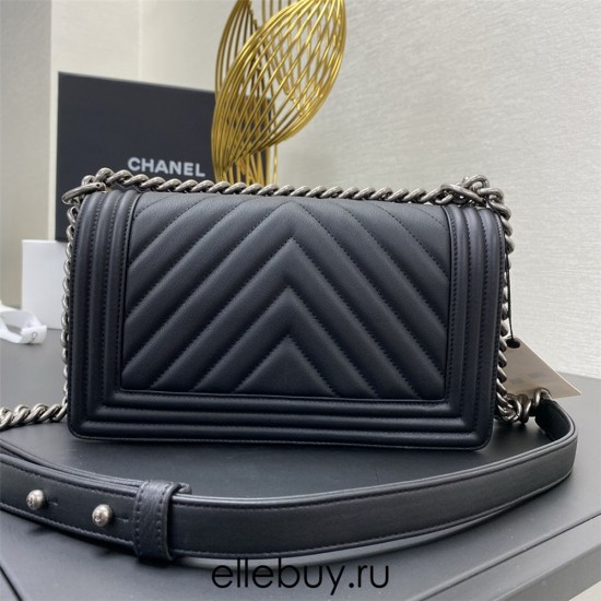 Chanel Le Boy Bag, Medium 25, Calfskin Leather, Vertical Quilted, Black with Silver Hardware, 25cm.