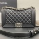 Chanel Le Boy Bag, Medium 25, Calfskin Leather, Black with Silver Hardware, 25cm.